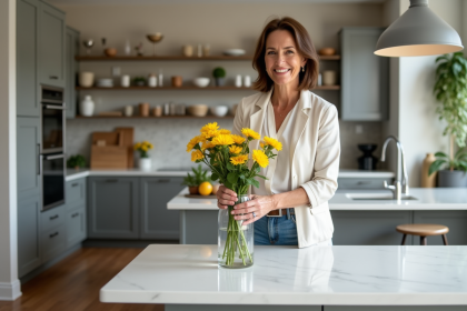 Femme souriante arrangeant des fleurs dans une cuisine moderne