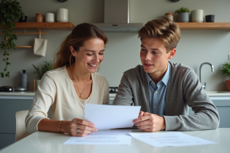Mère et fils discutant de papiers officiels à la maison