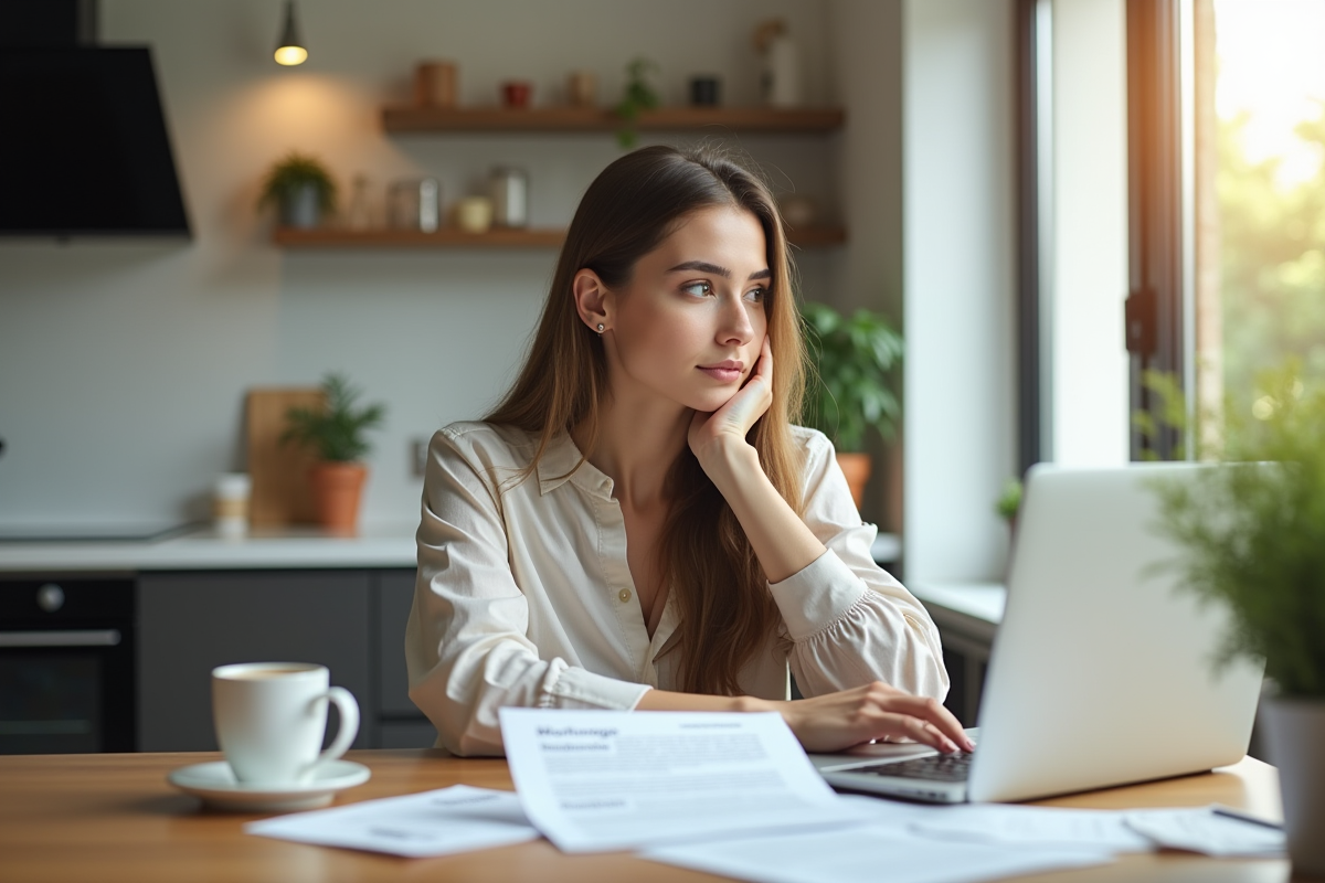 Femme pensant avec documents de prêt immobilier à la maison