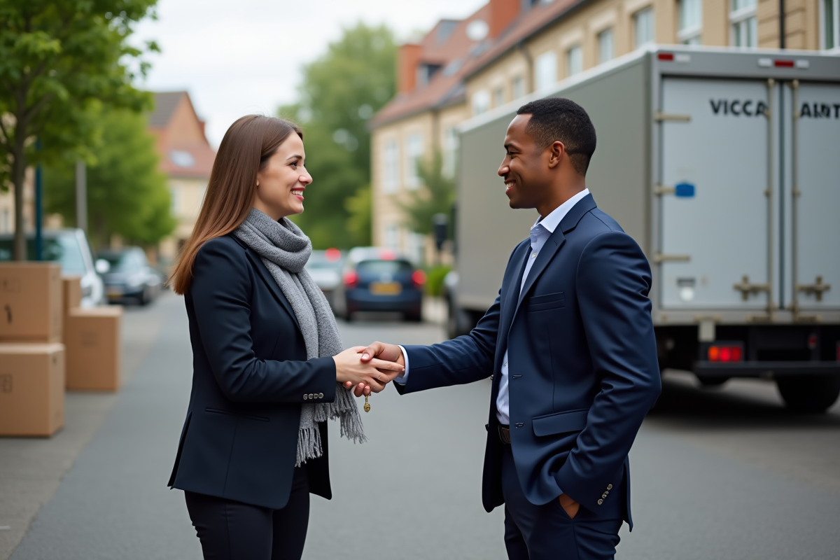Une femme souriante donne ses clés à un déménageur devant un camion