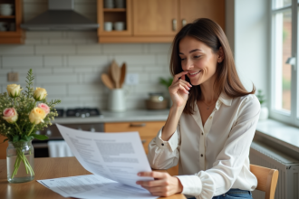 Femme en blouse regardant des documents immobiliers