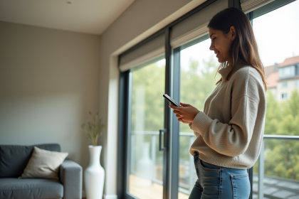Femme utilisant son smartphone pour contr&ocirc;ler des volets roulants