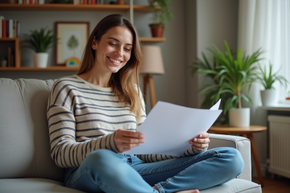 Femme souriante en int&eacute;rieur cosy avec documents