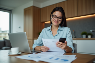 Femme d'affaires regardant des documents financiers à la maison
