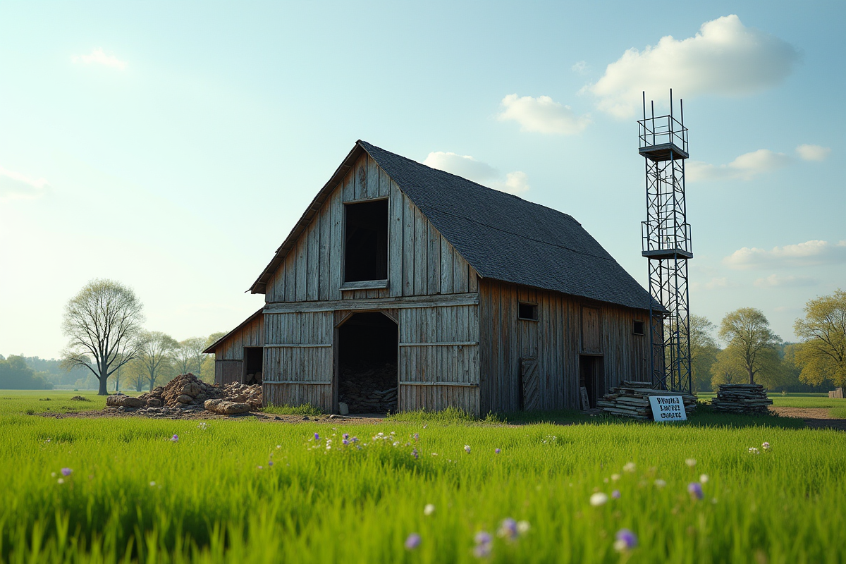 Ancienne grange en campagne avec scaffolding et soutien public