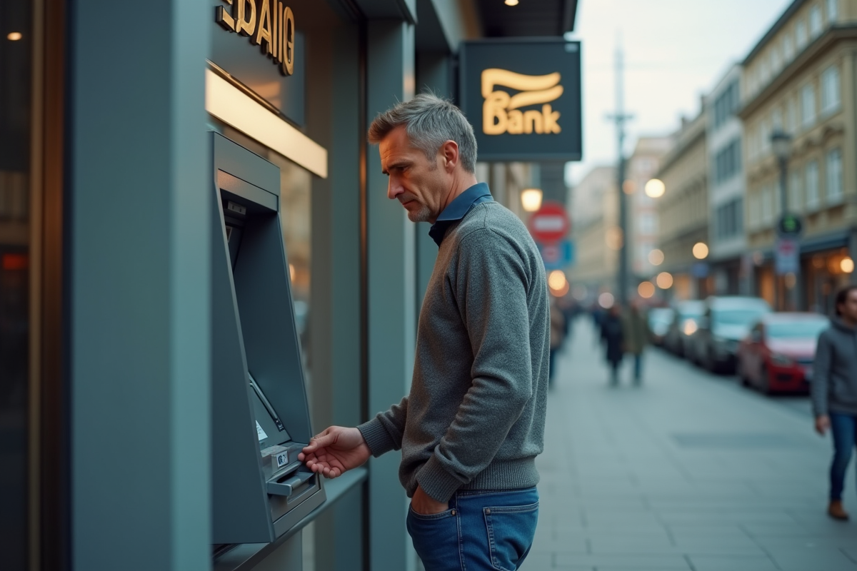 Homme utilisant un distributeur automatique dans une rue urbaine