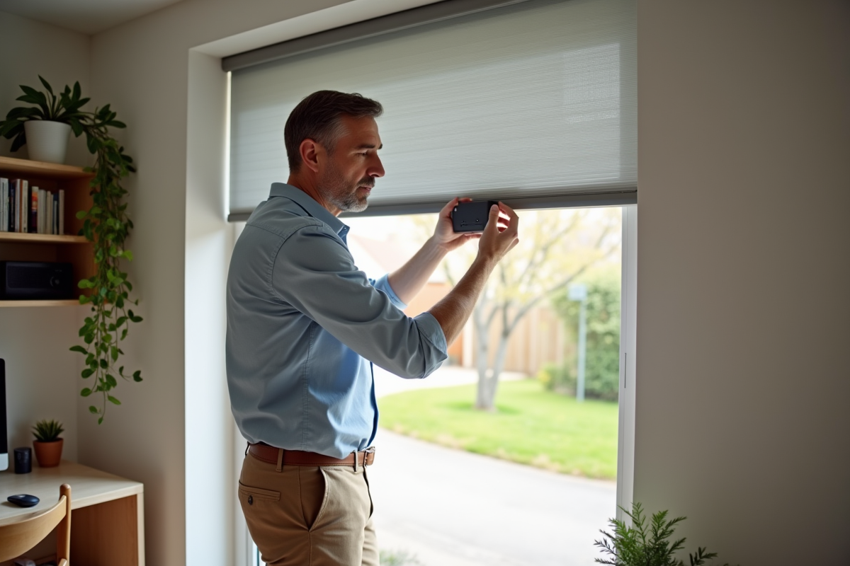 Homme installant un module smart sur un volet roulant dans un bureau