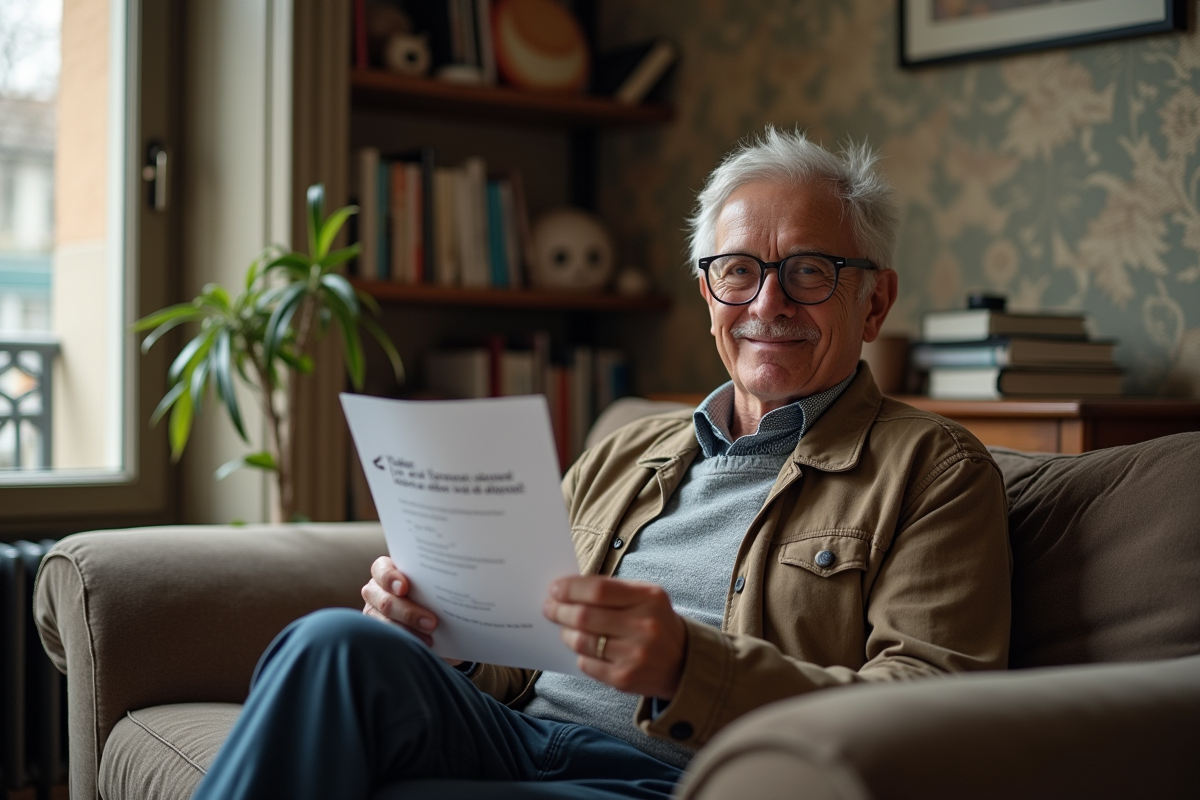 Homme âgé souriant tenant une lettre de taxe d