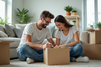 Jeune couple souriant préparant des cartons dans un salon moderne