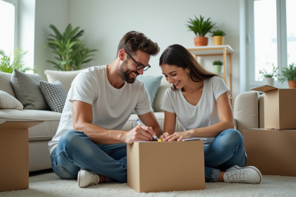 Jeune couple souriant pr&eacute;parant des cartons dans un salon moderne