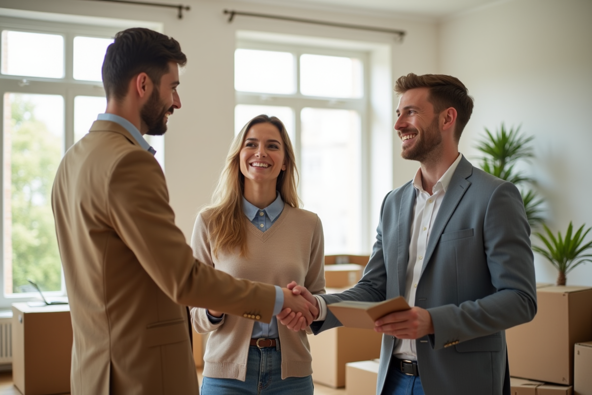 Jeune couple souriant serrant la main d un agent immobilier