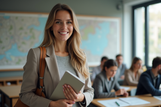 Jeune femme en urbanisme devant un tableau d'études