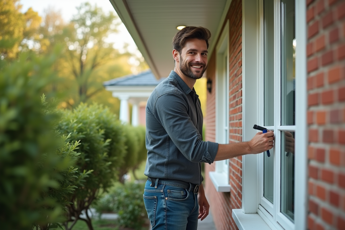 Jeune homme peignant un cadre de fenêtre dans un jardin