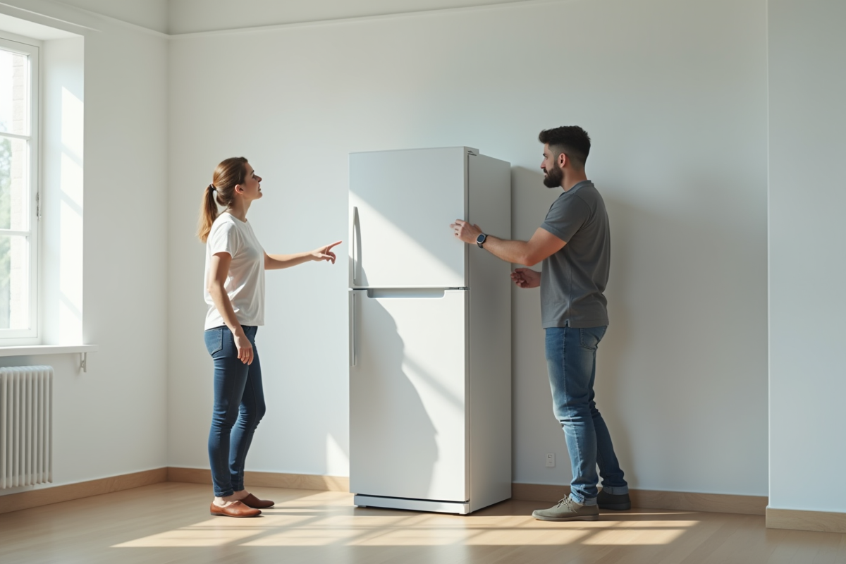 Proprietaire et locataire discutant devant un frigo dans une pièce lumineuse