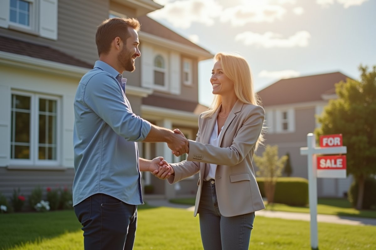Poignée de main entre client et agent immobilier devant une maison