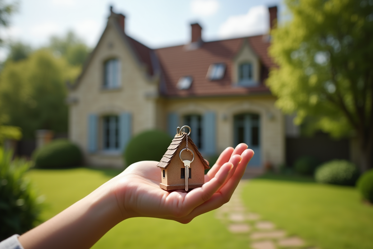 Main tenant une clé avec un porte-clé maison devant une maison française