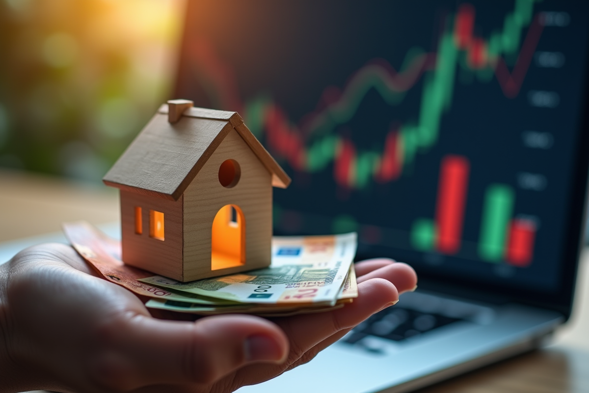 Main tenant une maison miniature et des billets euro avec des graphiques financiers