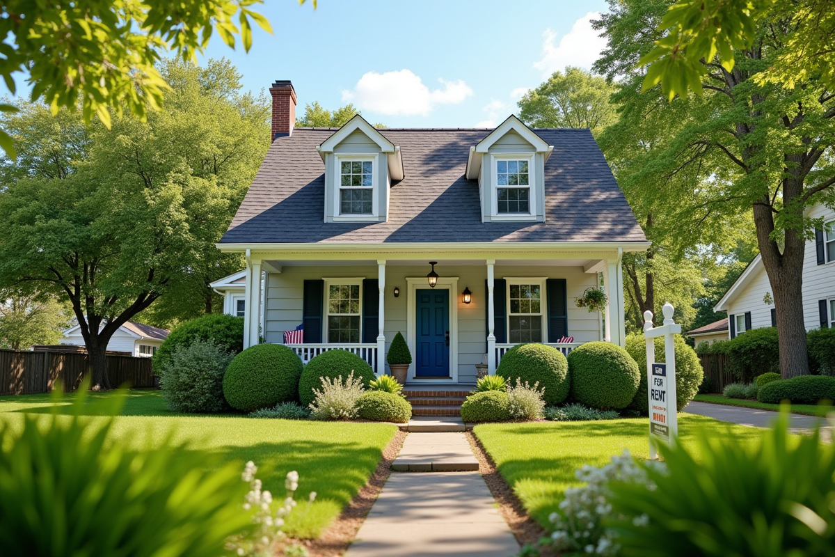 Maison de banlieue accueillante avec jardin bien entretenu et panneau a louer