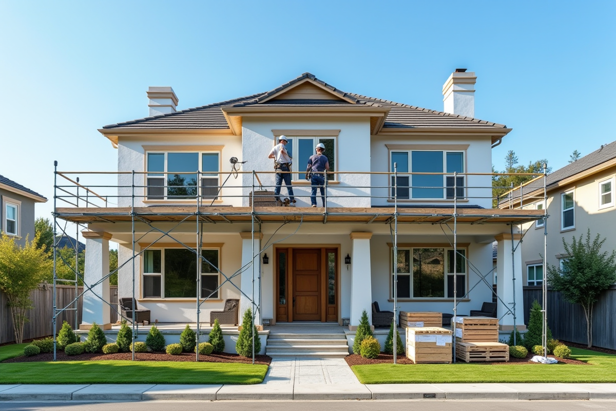 Maison rénovée avec échafaudage et ouvriers en extérieur sous un ciel bleu