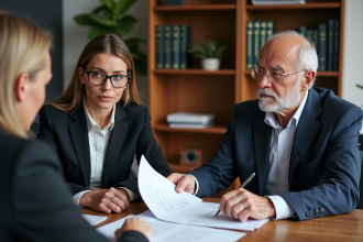 Notaire et clients examinant des documents officiels