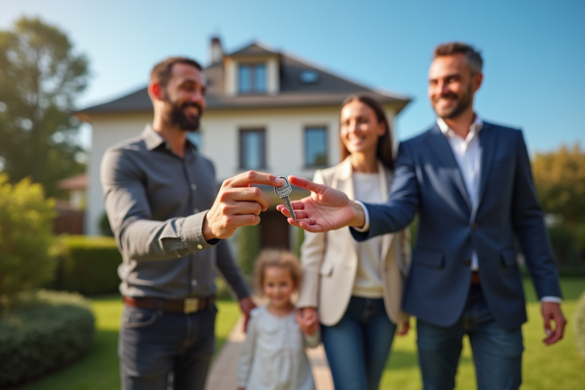 Notaire remettant une clé à une famille devant leur maison