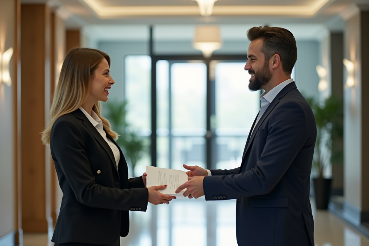 Propriétaire remettant une lettre à un gestionnaire immobilier