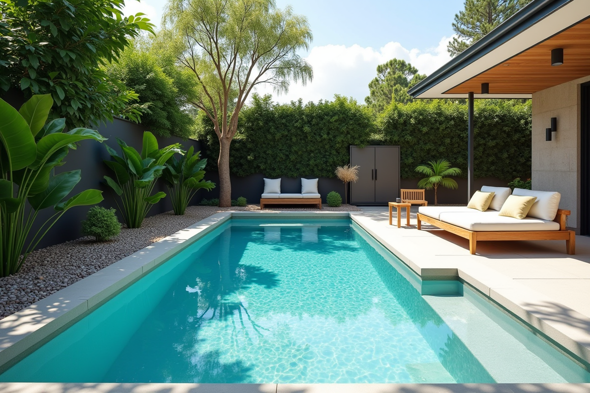 Piscine creusée simple et economique dans un jardin minimaliste
