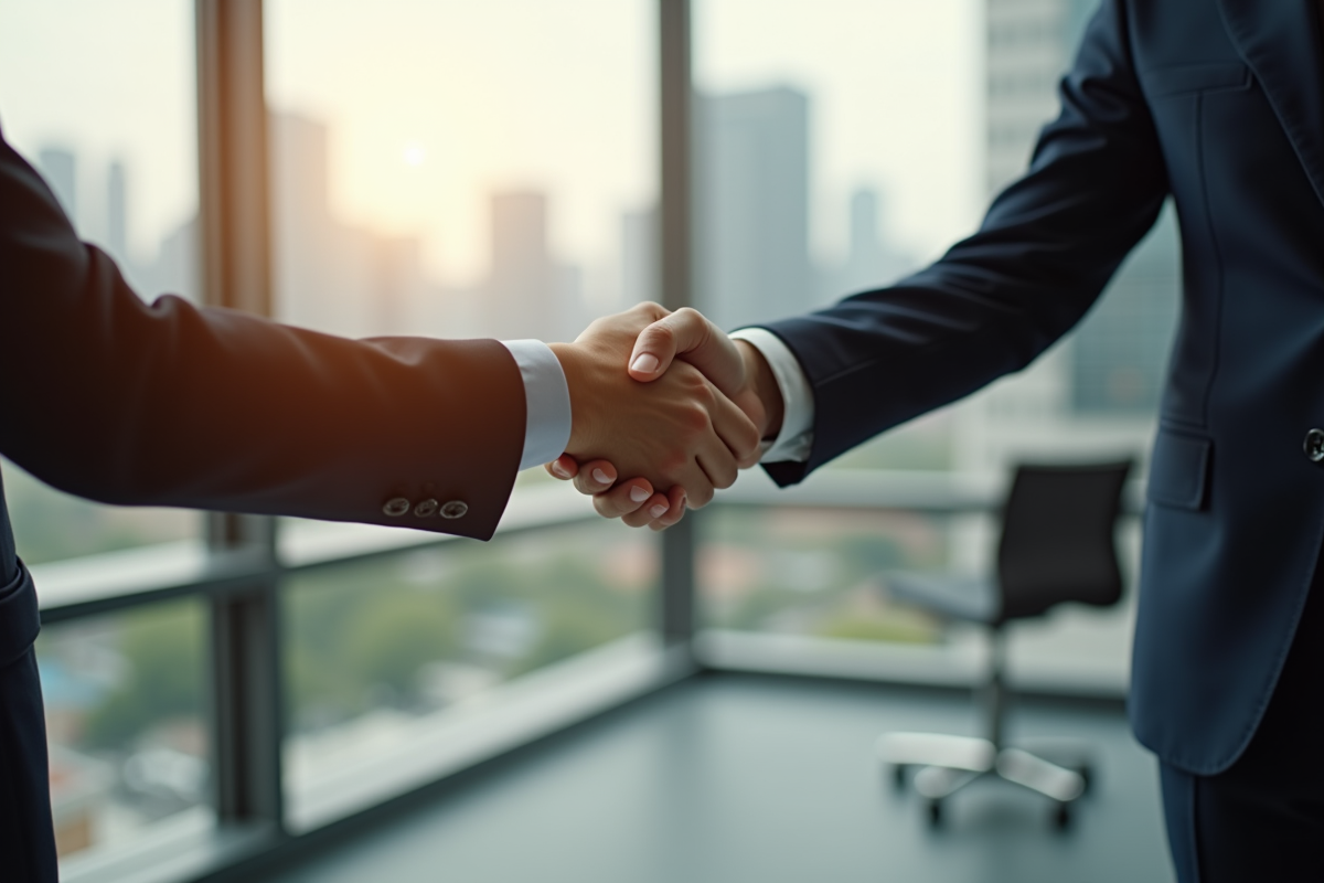Deux mains se serrant dans un bureau moderne avec un contrat
