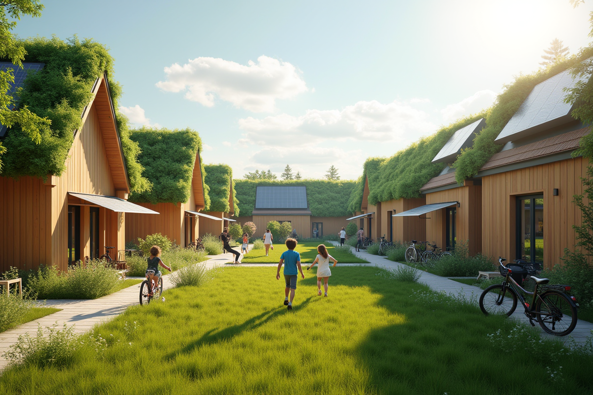 Quartier durable avec maisons en bois et enfants jouant dehors