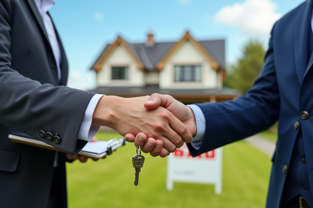 Remise de clés devant une maison avec signature et panneau vendu