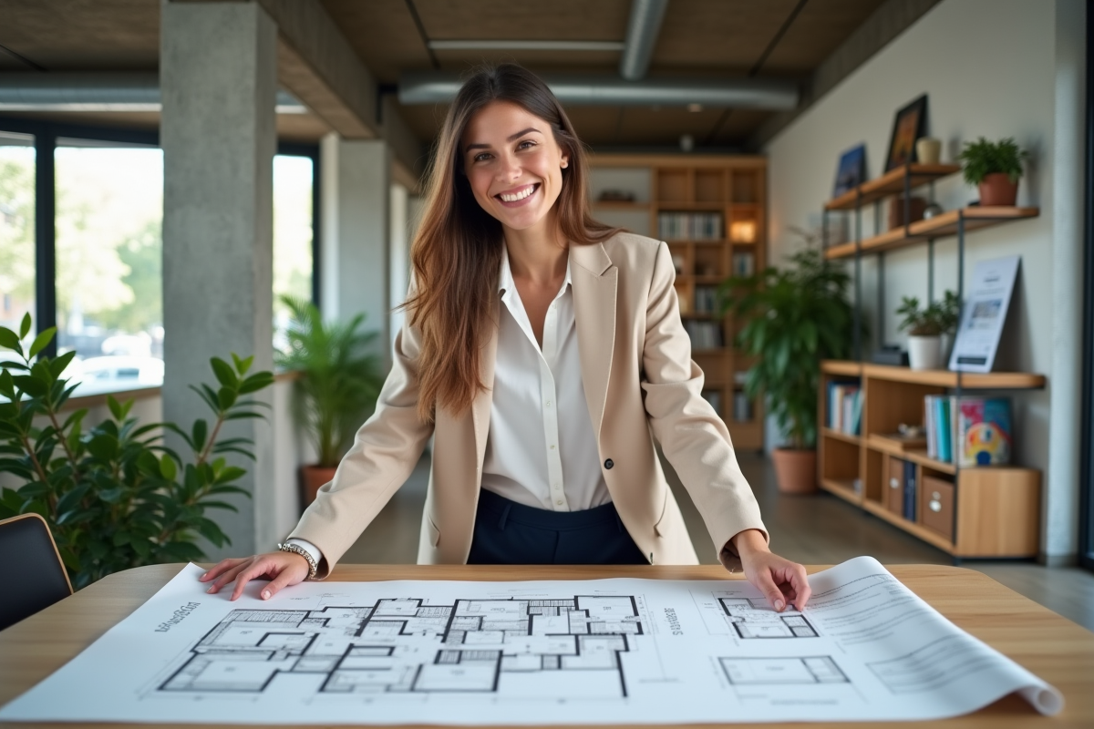 Agent immobilier jeune examine plans dans bureau lumineux