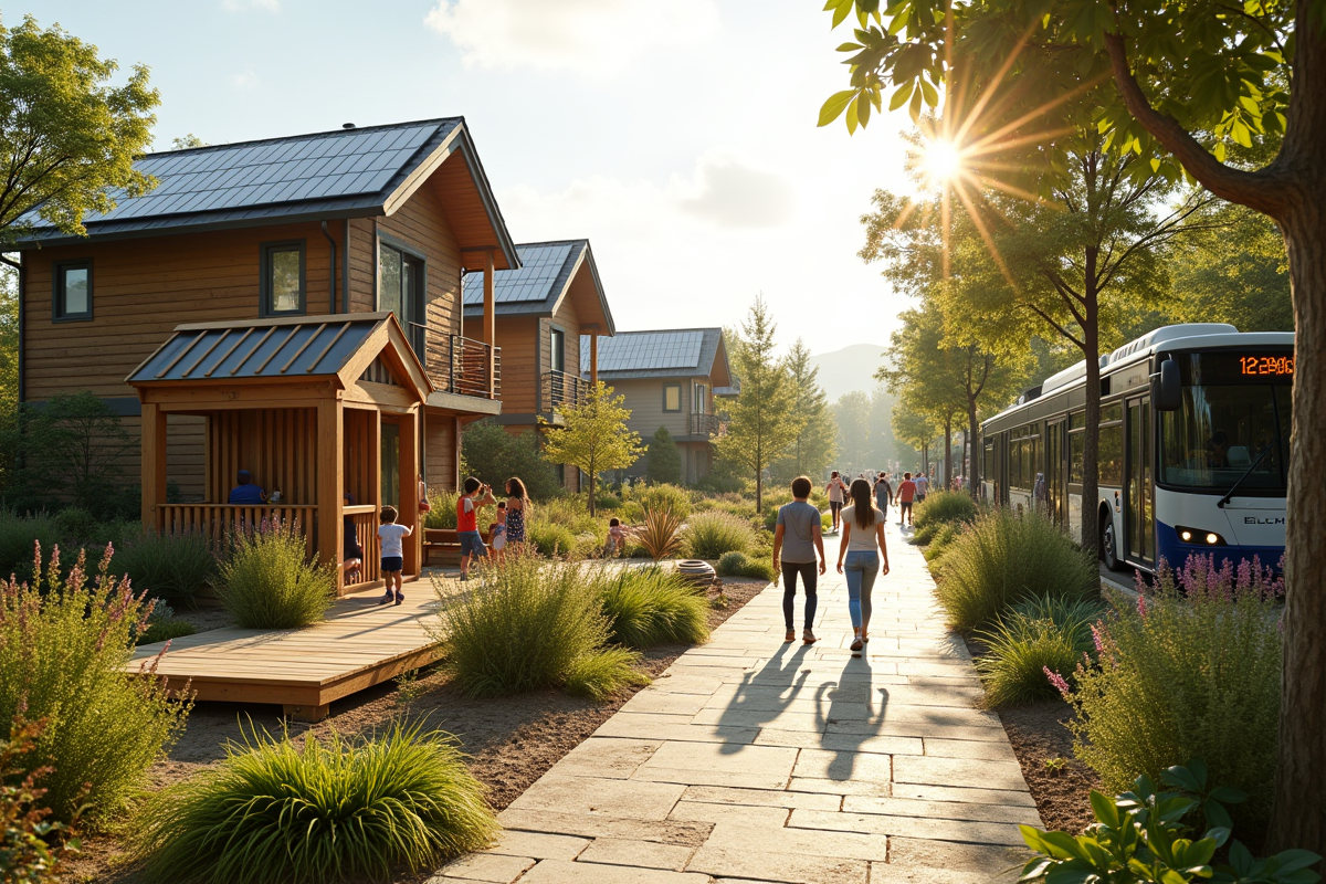 Rue durable avec terrains de jeux en bois et panneaux solaires