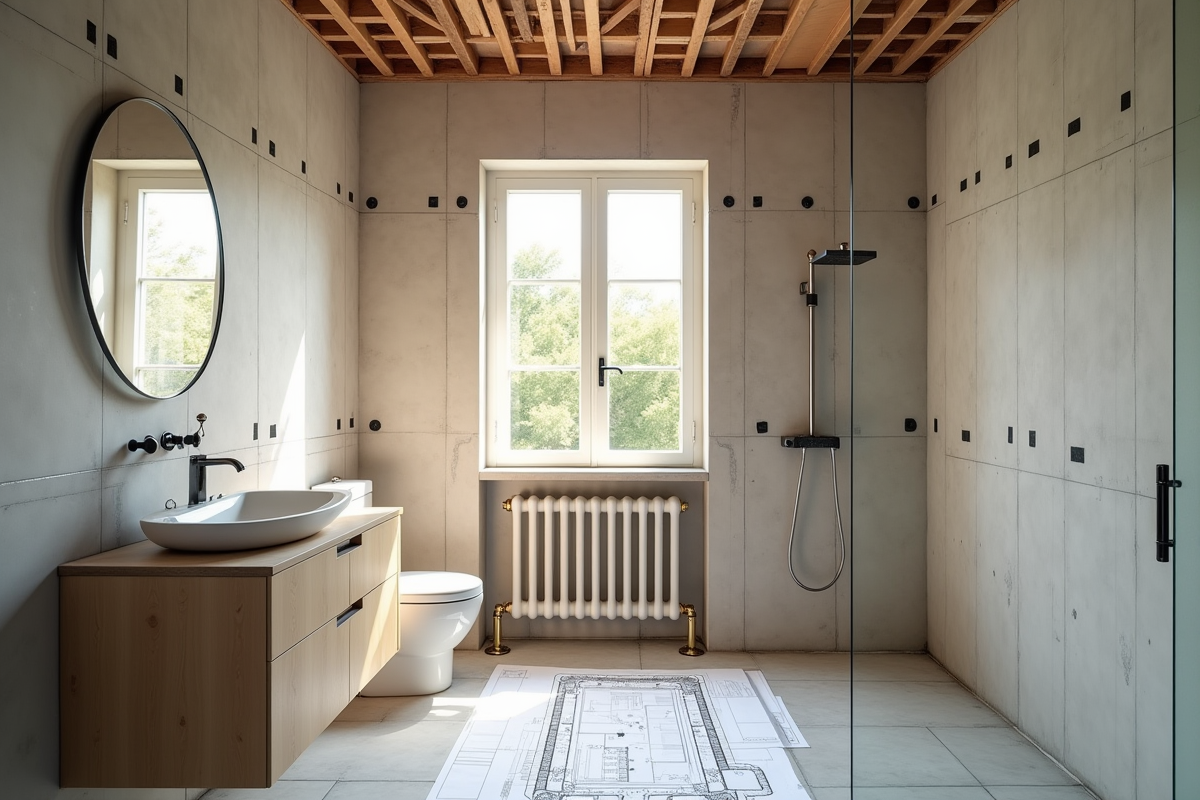 Salle de bain en renovation avec outils et plans sur le sol