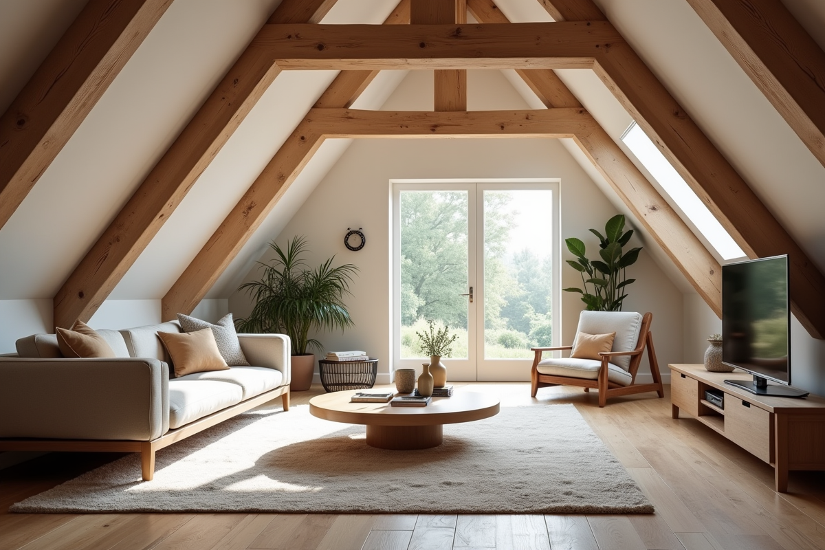 Salon attic rénové avec poutres et mobilier moderne