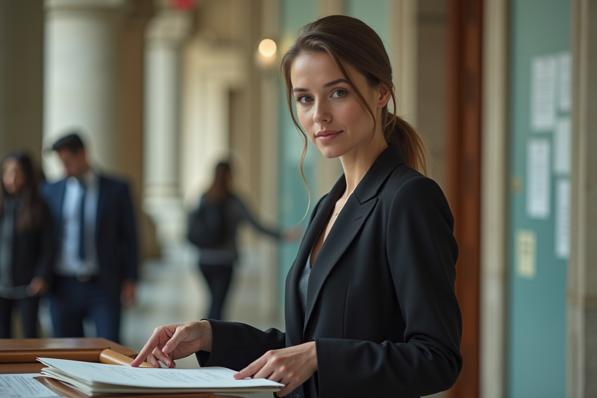 Jeune assistante juridique trie des courriers dans un hall