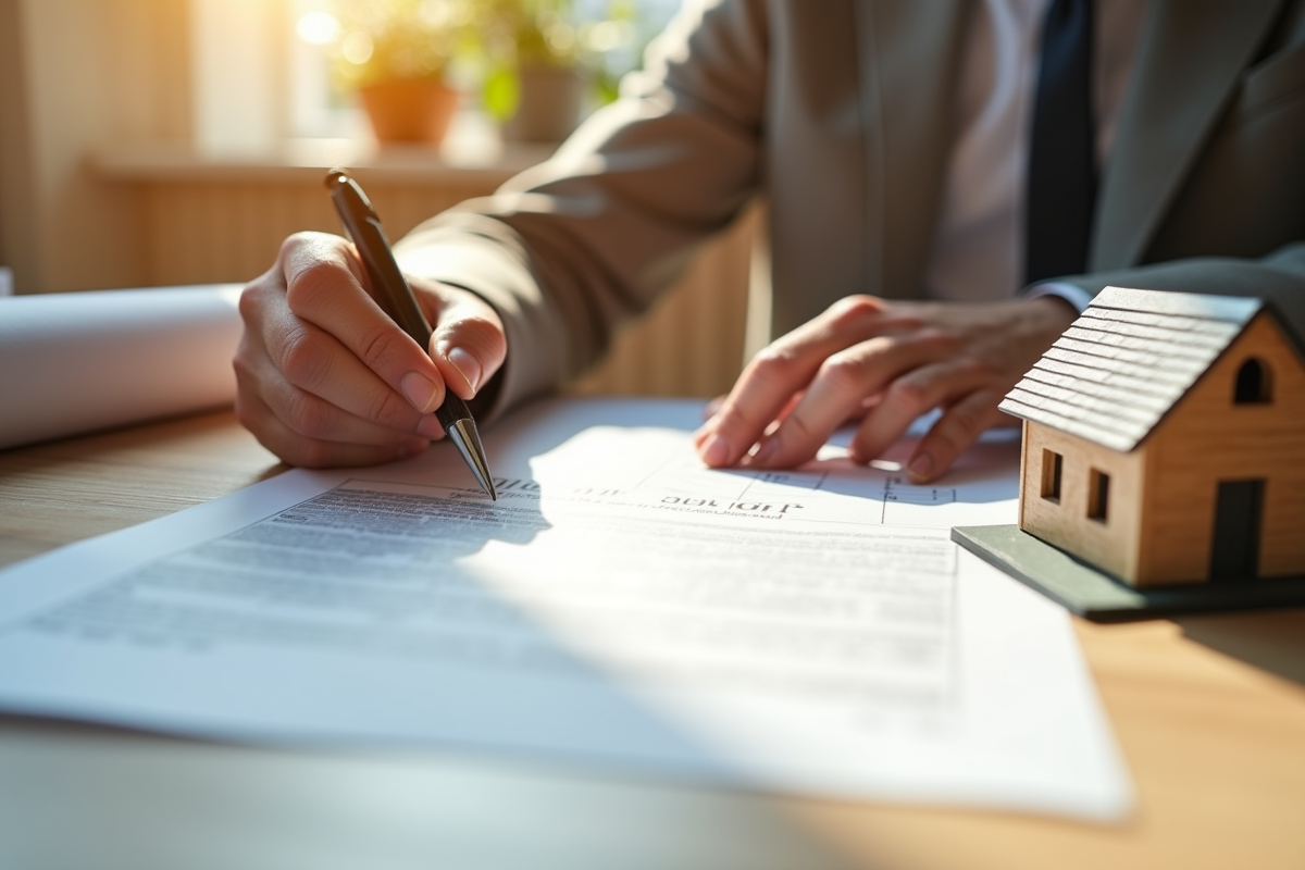 Main signant un contrat de rénovation avec maquette de maison et plans