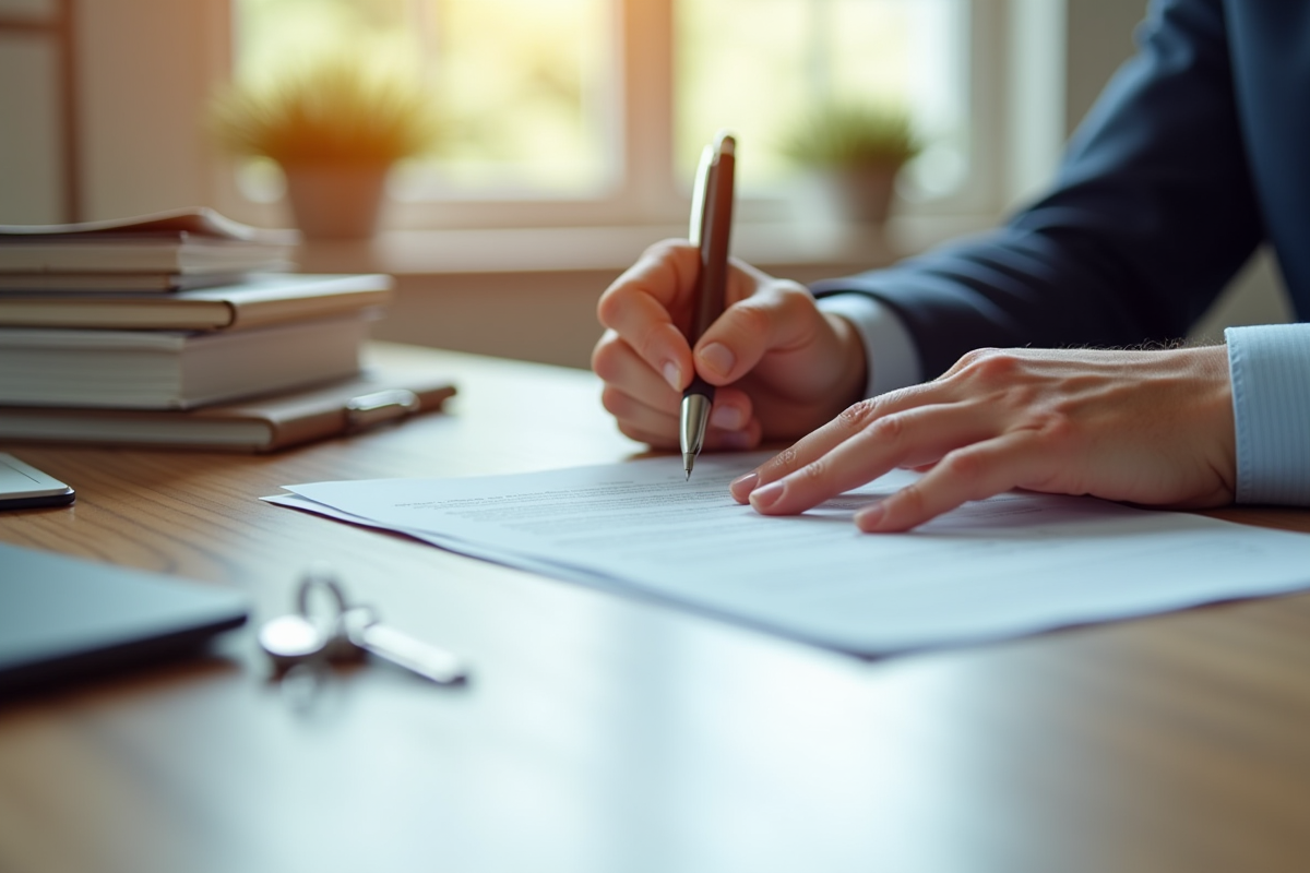 Main signant un contrat de mortgage avec clés et documents sur le bureau