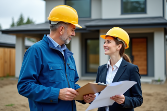 Superviseur de chantier avec architecte devant maison moderne