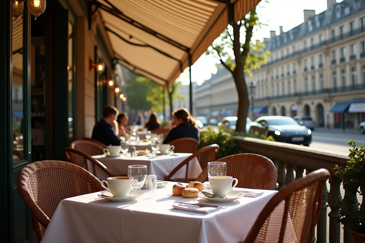 Terrasse de café parisien dans le 16e avec clients et bâtiments élégants