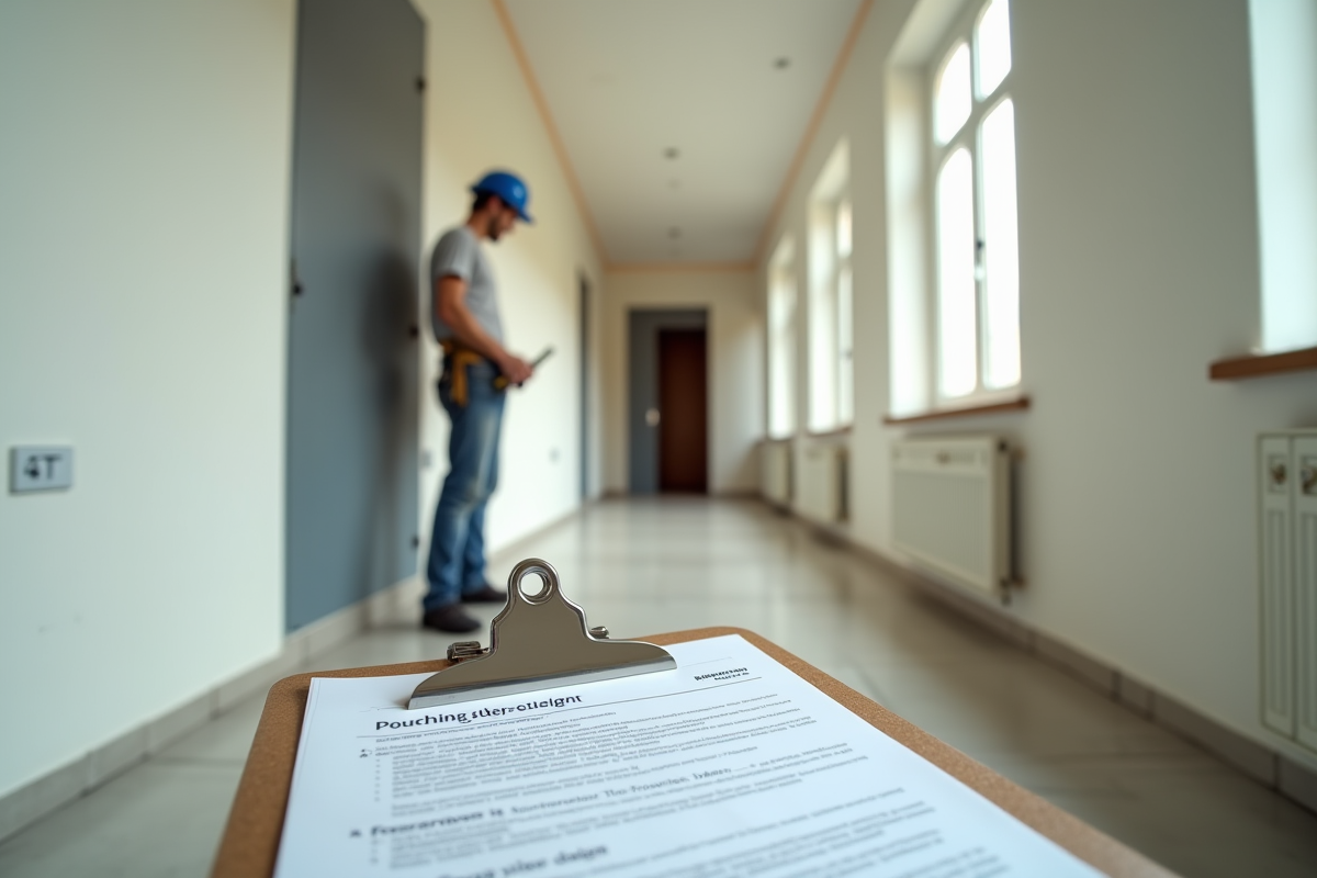 Ouvrier rénovant un couloir avec papiers et peinture fraîche