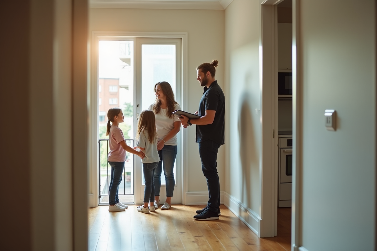Propriétaire accueillant une famille pour une visite d appartement